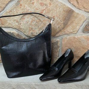 Shoulder Black Leather Bag with Matching shoes.